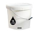 15L Plastic Round Bucket + Lid + Metal Handle - Multi Purpose - Food Grade - PP5 - WHITE