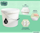 15L Plastic Round Bucket + Lid + Metal Handle - Multi Purpose - Food Grade - PP5 - WHITE