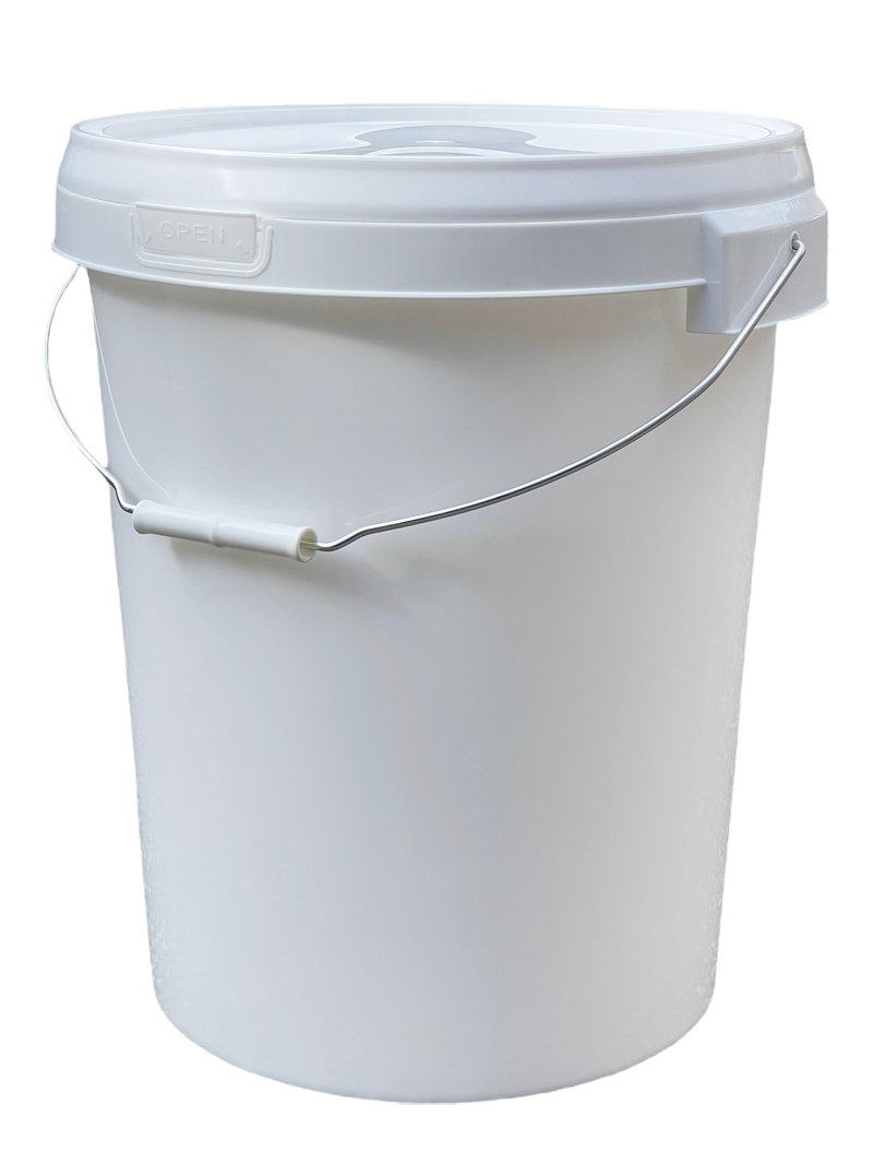 25L Plastic Round Bucket + Lid + Metal Handle - Multi Purpose - Food Grade - PP5 - WHITE