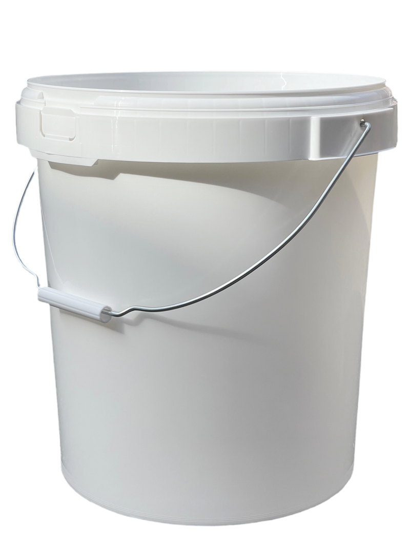 20L Plastic Round Bucket + Lid + Metal Handle - Multi Purpose - Food Grade - PP5 - WHITE