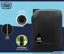20L Jerrycan Stackable Container + Lid + Visi Strip - UN Approved - Food Grade - BLACK