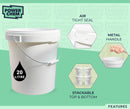 20L Plastic Round Bucket + Lid + Metal Handle - Multi Purpose - Food Grade - PP5 - WHITE