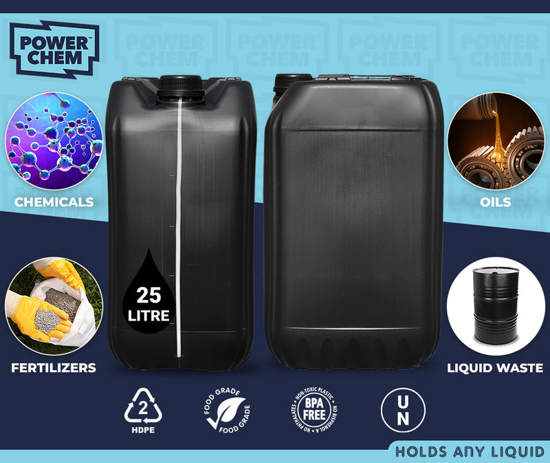 25L Jerrycan Stackable Container + Lid - UN Approved - Food Grade - Black