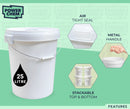 25L Plastic Round Bucket + Lid + Metal Handle - Multi Purpose - Food Grade - PP5 - WHITE