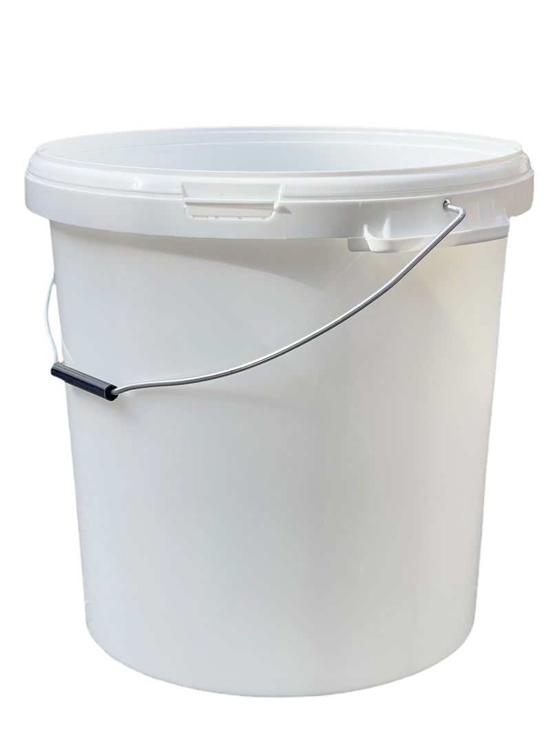 30L Plastic Round Bucket + Lid + Metal Handle - Multi Purpose - Food Grade - PP5 - WHITE