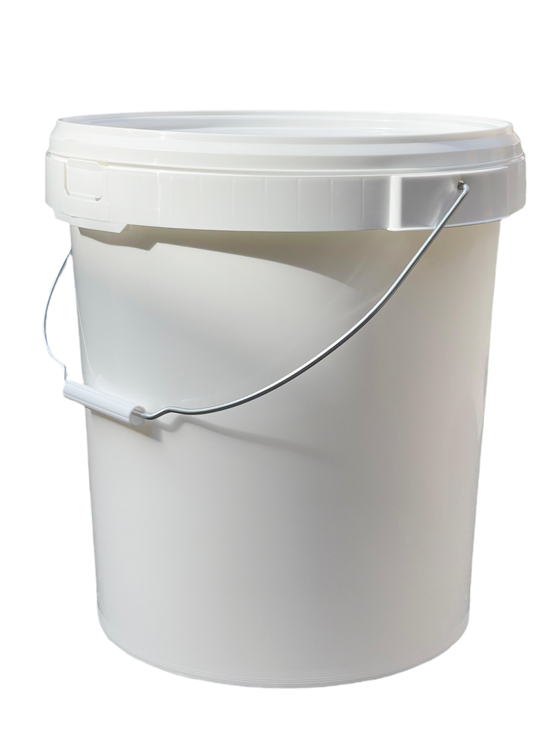 20L Plastic Round Bucket + Lid + Metal Handle - Multi Purpose - Food Grade - PP5 - WHITE